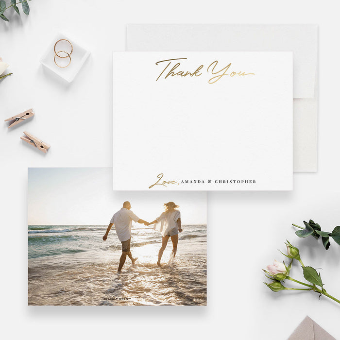 Front and back of personalized note cards with printed gold thank you lettering and personalized names in script and a couple photo on the back.