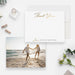 Front and back of personalized note cards with printed gold thank you lettering and personalized names in script and a couple photo on the back.