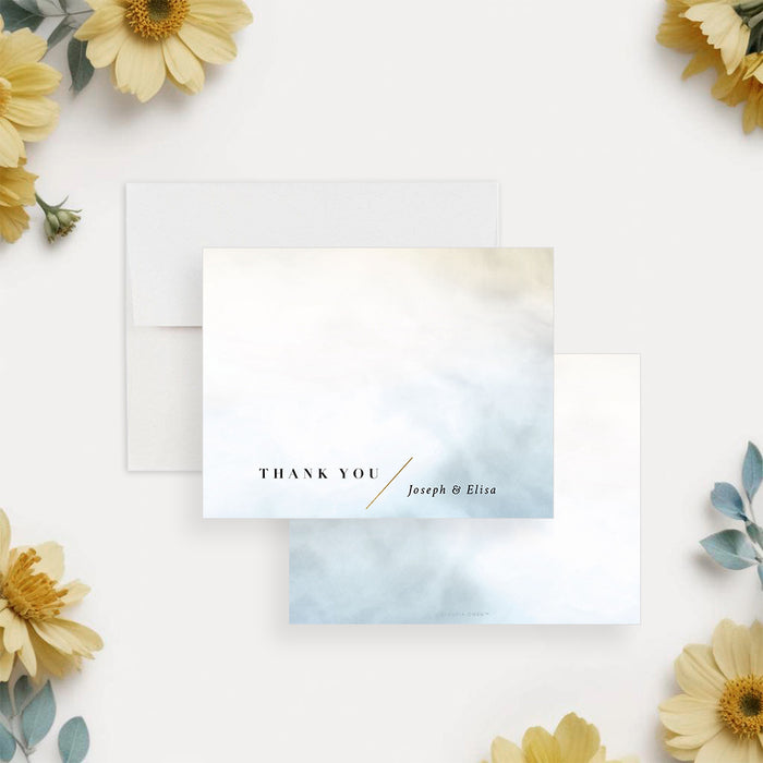 Personalized thank you card with watercolor wash design, customized names, ideal for weddings, party favors, and thoughtful gifts.-front-back