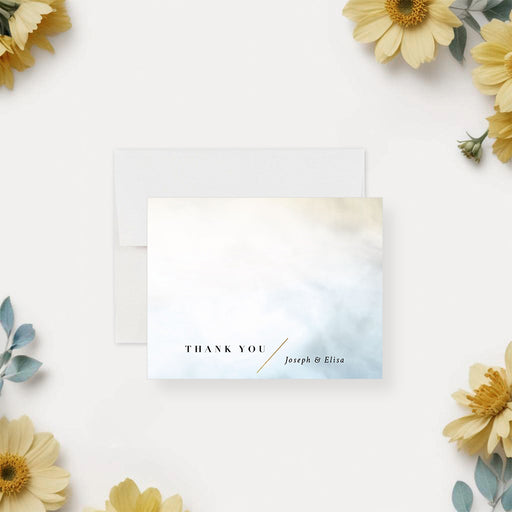 Personalized thank you card with watercolor wash design, customized names, ideal for weddings, party favors, and thoughtful gifts.-front
