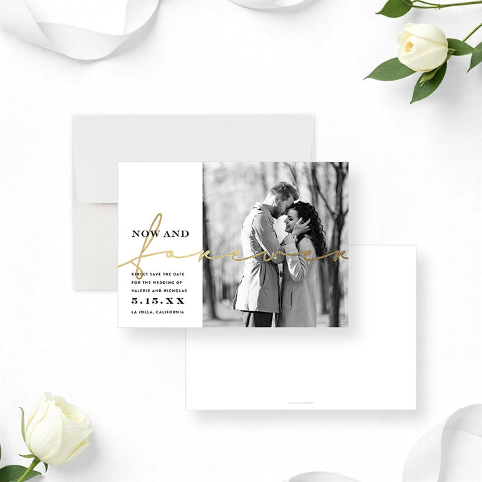 Custom save-the-date card featuring the couple’s photo, modern design, and gold script typography, with personalized wedding details.-front-back