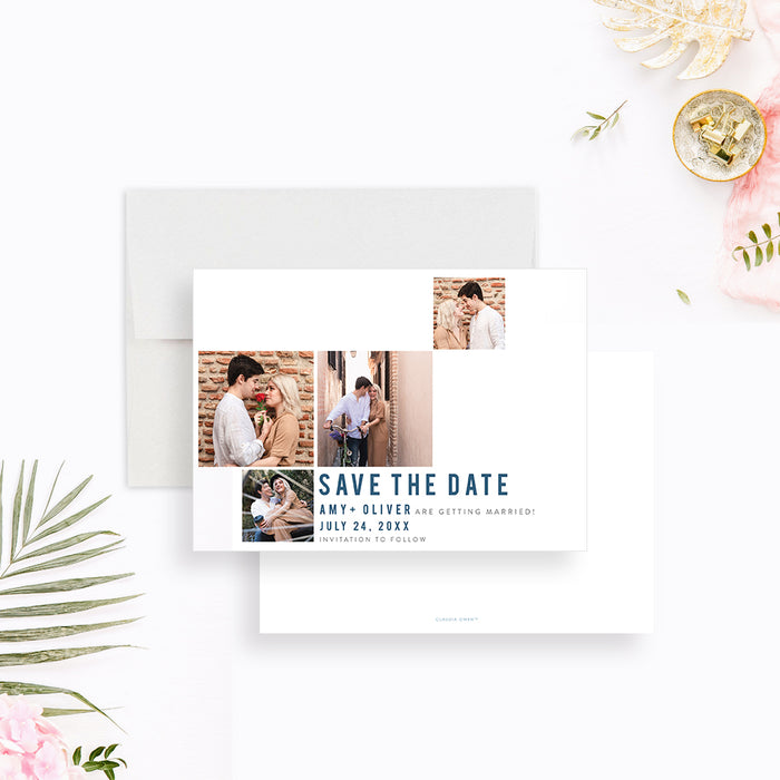 Customized photo save-the-date card featuring images of the couple, perfect for weddings, engagements, or anniversary celebrations.-front-back