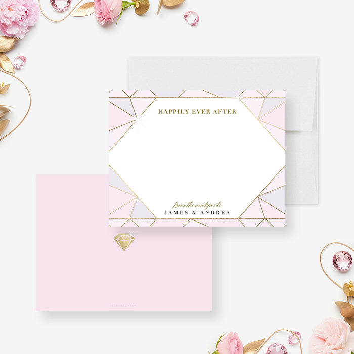 personalized blush pink wedding thank you card with jewel-inspired geometric linework, refined lettering, and custom couple names-front-back
