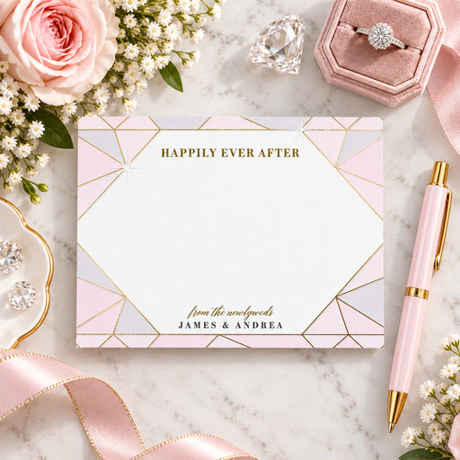 personalized blush pink wedding thank you card with jewel-inspired geometric linework, refined lettering, and custom couple names-front