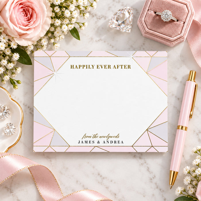 personalized blush pink wedding thank you card with jewel-inspired geometric linework, refined lettering, and custom couple names-front