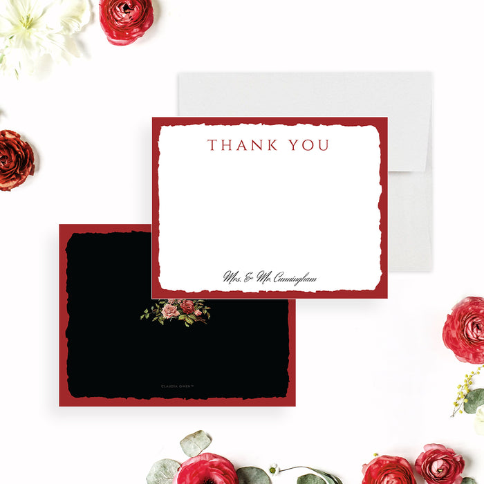 Personalized thank you card with a red border and rose design on the back, an elegant newlywed stationery gift.-front-back