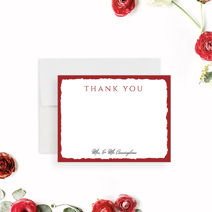 Personalized thank you card with a red border and rose design on the back, an elegant newlywed stationery gift.-front
