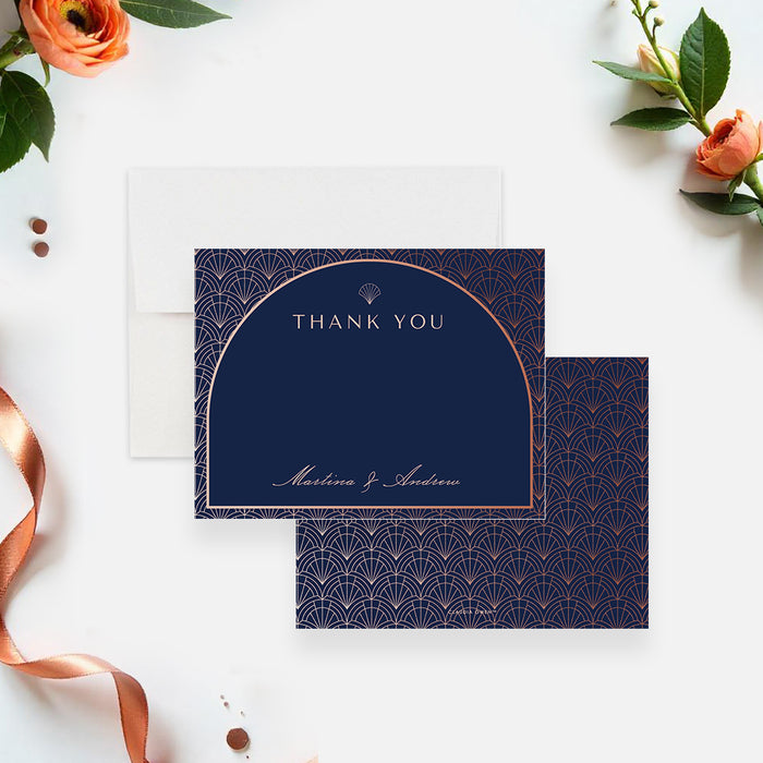 Personalized thank you card featuring navy and rose gold art deco design, perfect for stylish guest appreciation gifts.-front-back