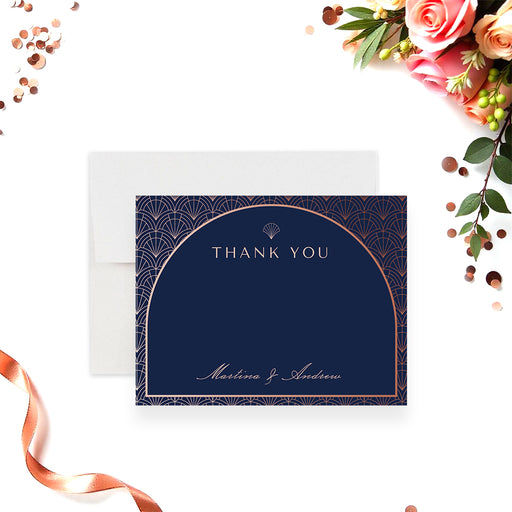 Personalized thank you card featuring navy and rose gold art deco design, perfect for stylish guest appreciation gifts.-front