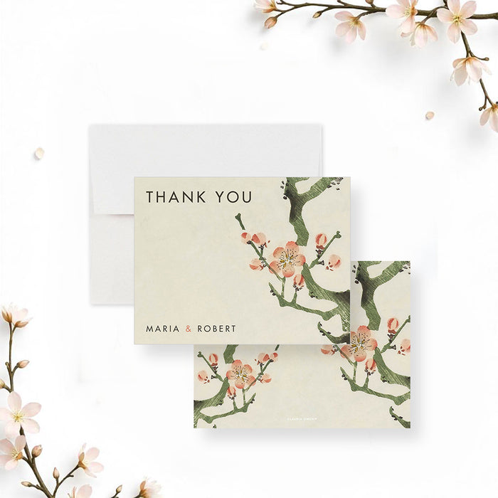 Personalized cherry blossom thank you card with an elegant floral design, custom names, perfect for weddings, party favors, and thoughtful gifts.-front-back