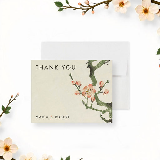 Personalized cherry blossom thank you card with an elegant floral design, custom names, perfect for weddings, party favors, and thoughtful gifts.-front