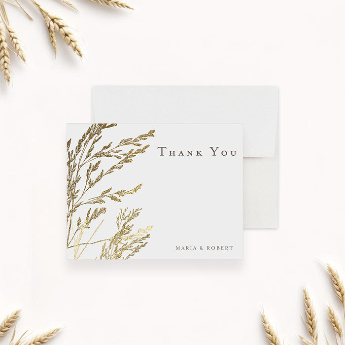 Thank you card with gold botanical grass illustration and personalized names, ideal for weddings, bridal showers, and formal event gratitude notes.-front