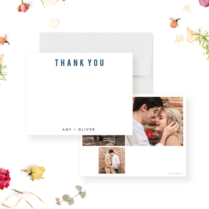 Personalized thank-you card featuring a romantic couple’s photo on the back, an elegant post-wedding stationery gift.-front-back