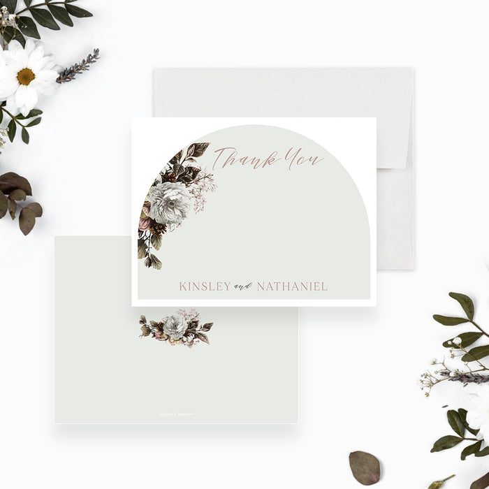 Floral thank you card with a vintage botanical arch design, ideal for expressing gratitude after weddings.-front-back