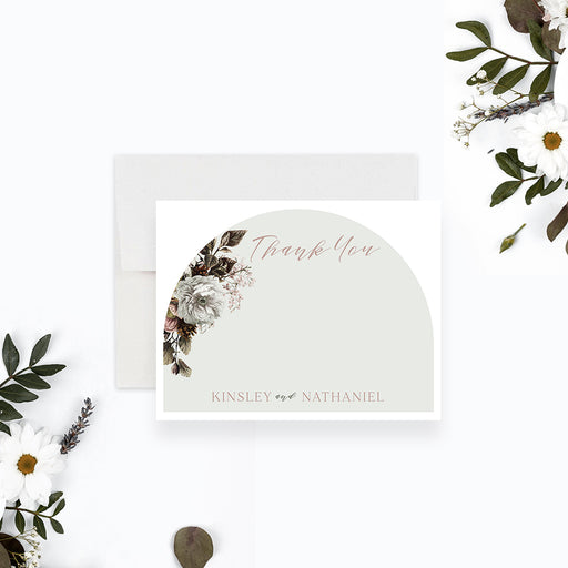 Floral thank you card with a vintage botanical arch design, ideal for expressing gratitude after weddings.-front