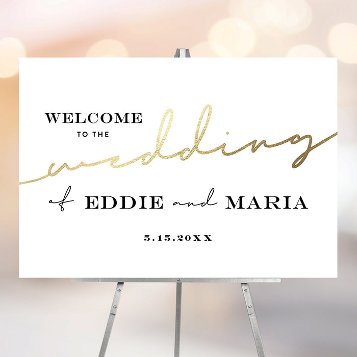 Elegant personalized wedding welcome sign displaying names and date. Ideal for reception or ceremony entrance signage.