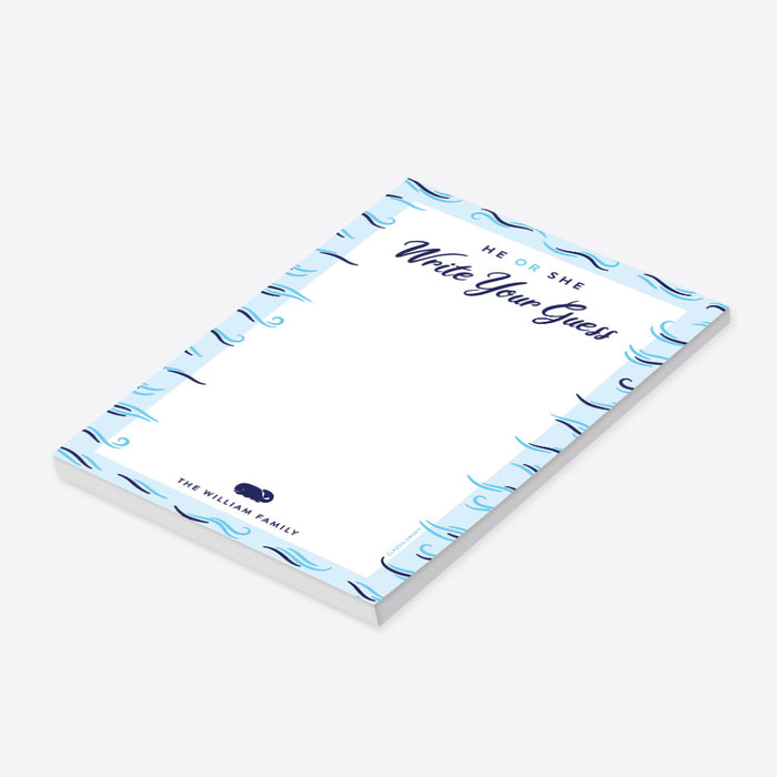 Personalized gender reveal guessing game notepad with He or She and Write Your Guess headings, blue ocean waves, small whale and family name-side