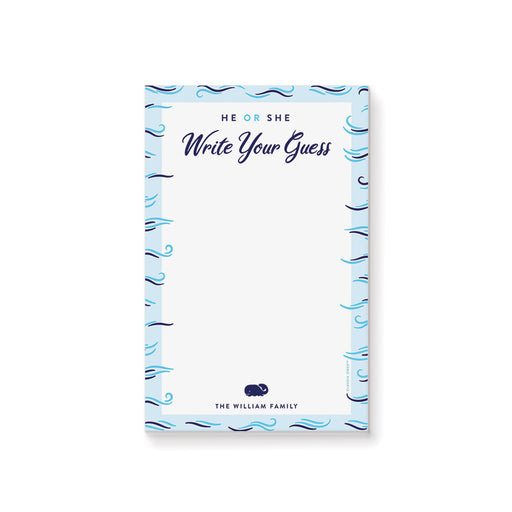 Personalized gender reveal guessing game notepad with He or She and Write Your Guess headings, blue ocean waves, small whale and family name