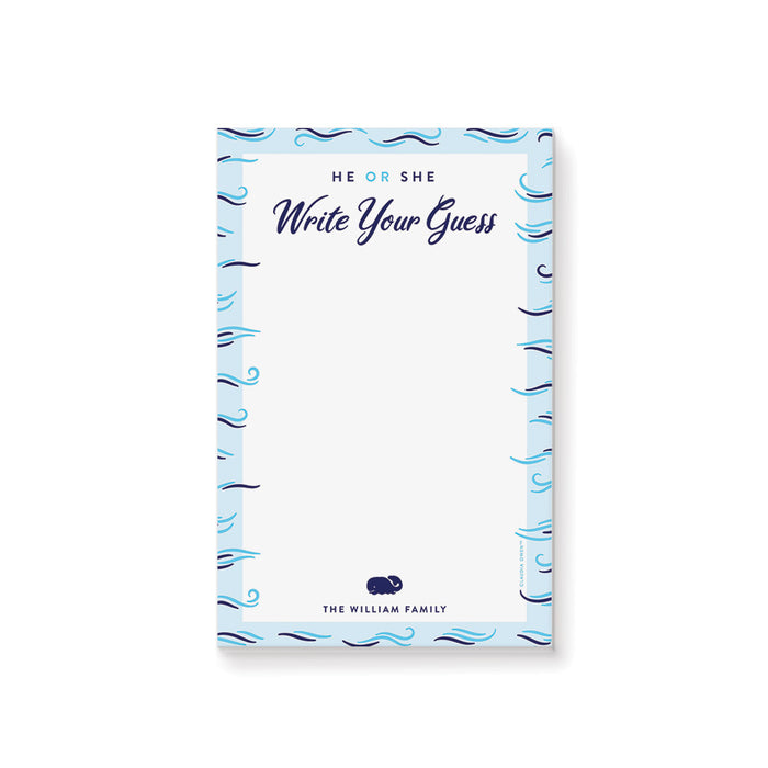 Personalized gender reveal guessing game notepad with He or She and Write Your Guess headings, blue ocean waves, small whale and family name