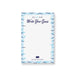 Personalized gender reveal guessing game notepad with He or She and Write Your Guess headings, blue ocean waves, small whale and family name