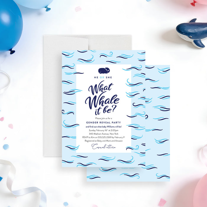 Personalized whale gender reveal party invitation with What Whale It Be wording, navy whale, blue wave border and custom event details-front-back