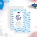 Personalized whale gender reveal party invitation with What Whale It Be wording, navy whale, blue wave border and custom event details-front-back