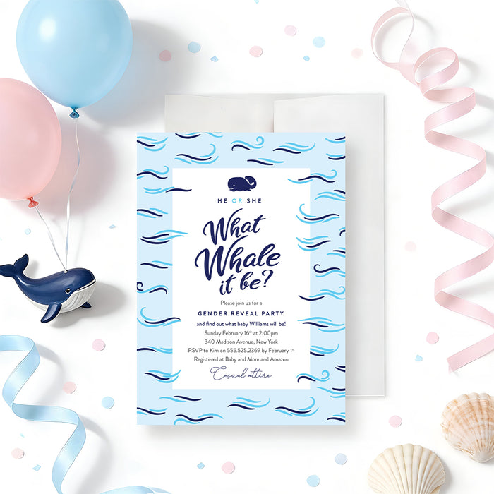 Personalized whale gender reveal party invitation with What Whale It Be wording, navy whale, blue wave border and custom event details-front