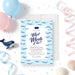 Personalized whale gender reveal party invitation with What Whale It Be wording, navy whale, blue wave border and custom event details-front