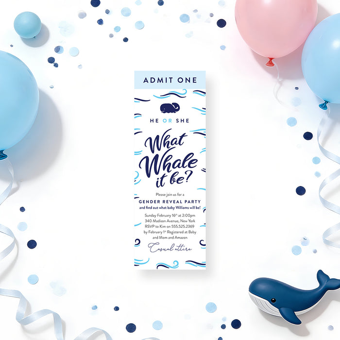 Personalized whale gender reveal party ticket invitation with Admit One heading, What Whale It Be wording, navy whale, blue waves and custom details