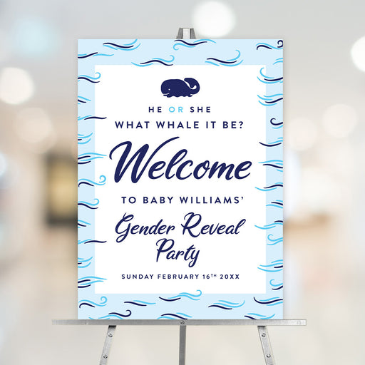 Personalized whale gender reveal party welcome sign with navy whale, What Whale It Be wording, Baby Williams name, blue ocean wave border and date