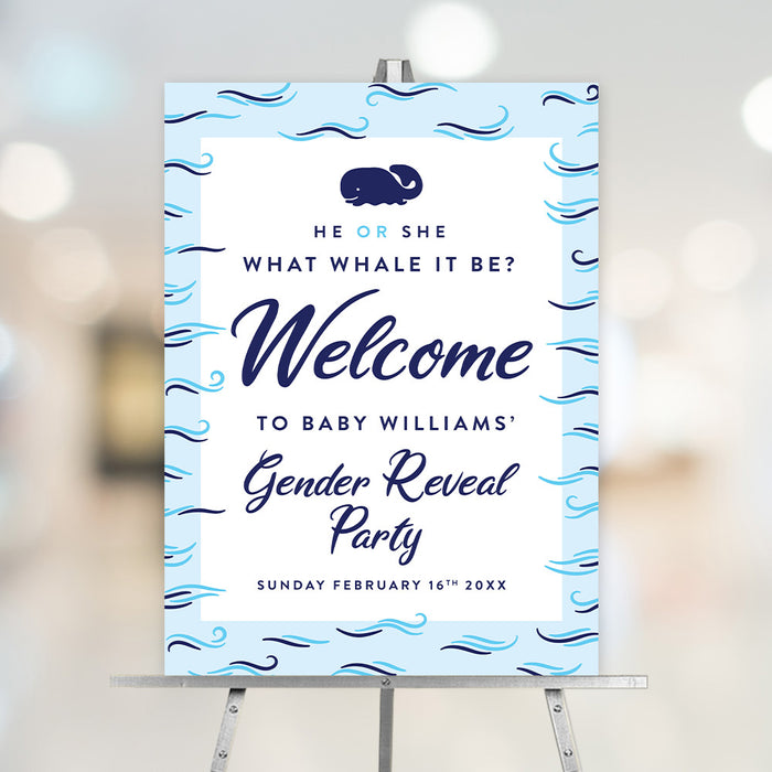 Personalized whale gender reveal party welcome sign with navy whale, What Whale It Be wording, Baby Williams name, blue ocean wave border and date