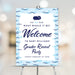 Personalized whale gender reveal party welcome sign with navy whale, What Whale It Be wording, Baby Williams name, blue ocean wave border and date
