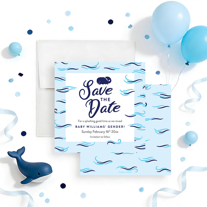 Personalized whale gender reveal save the date card with navy whale, blue ocean wave border, Baby Williams wording and event date-front-back