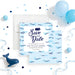 Personalized whale gender reveal save the date card with navy whale, blue ocean wave border, Baby Williams wording and event date-front-back