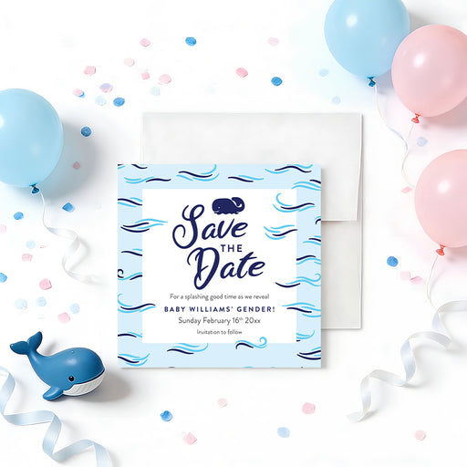Personalized whale gender reveal save the date card with navy whale, blue ocean wave border, Baby Williams wording and event date-front