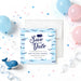 Personalized whale gender reveal save the date card with navy whale, blue ocean wave border, Baby Williams wording and event date-front