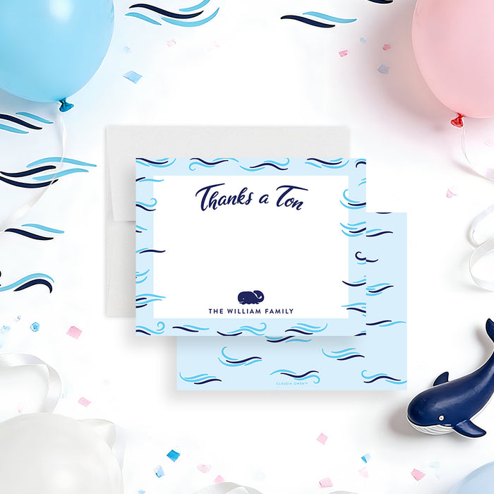 Personalized whale gender reveal thank you card with Thanks a Ton wording, small navy whale, blue ocean wave border and family name-front-back