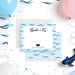 Personalized whale gender reveal thank you card with Thanks a Ton wording, small navy whale, blue ocean wave border and family name-front-back