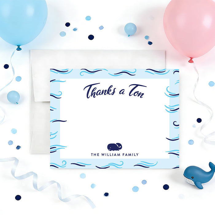 Personalized whale gender reveal thank you card with Thanks a Ton wording, small navy whale, blue ocean wave border and family name-front
