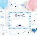 Personalized whale gender reveal thank you card with Thanks a Ton wording, small navy whale, blue ocean wave border and family name-front
