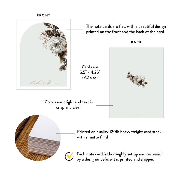 Specifications graphic showing the front and back of personalized white floral wedding thank you cards, A2 size 5.5 × 4.25 inches and matte cardstock.