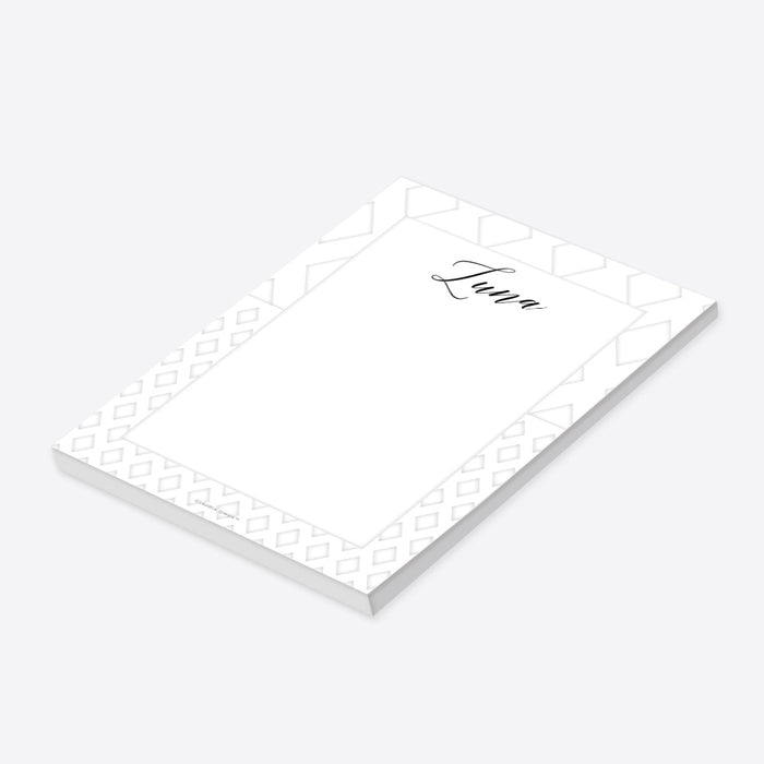 personalized white geometric notepad with custom name, black script lettering, and clean blank writing space-side