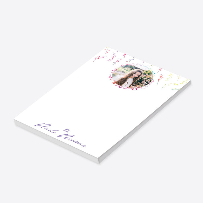 Personalized wildflower Bat Mitzvah notepad with custom photo, custom name, Star of David and colorful watercolor botanical border-side