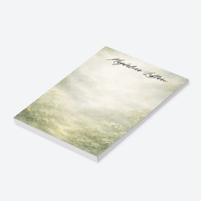 Personalized blank notepad with custom name in black script, misty sage green watercolor garden and delicate white wildflowers-side