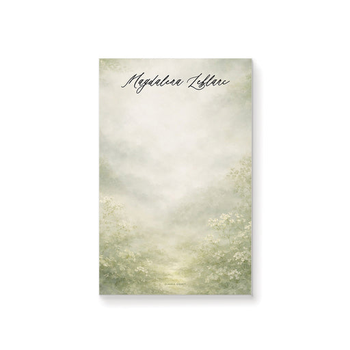 Personalized blank notepad with custom name in black script, misty sage green watercolor garden and delicate white wildflowers