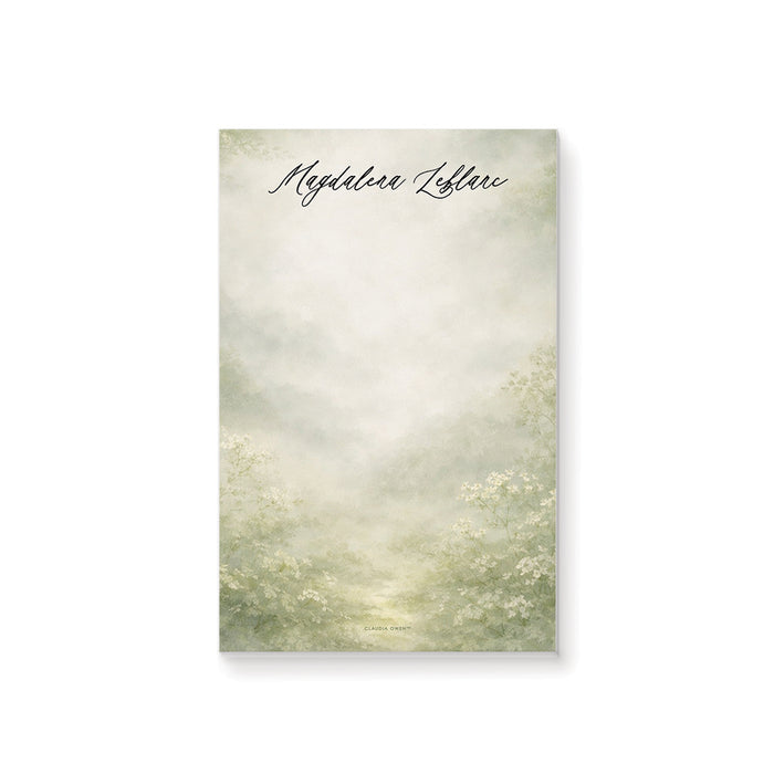 Personalized blank notepad with custom name in black script, misty sage green watercolor garden and delicate white wildflowers