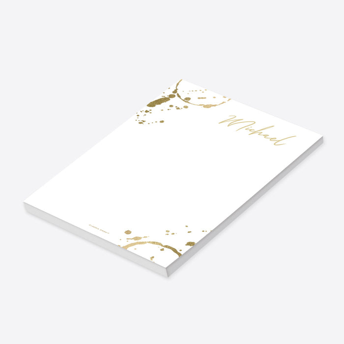 Personalized white wine notepad with gold wine glass ring accents, custom name in script lettering and blank writing area-side