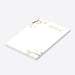 Personalized white wine notepad with gold wine glass ring accents, custom name in script lettering and blank writing area-side