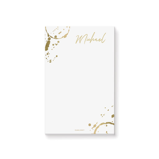 Personalized white wine notepad with gold wine glass ring accents, custom name in script lettering and blank writing area