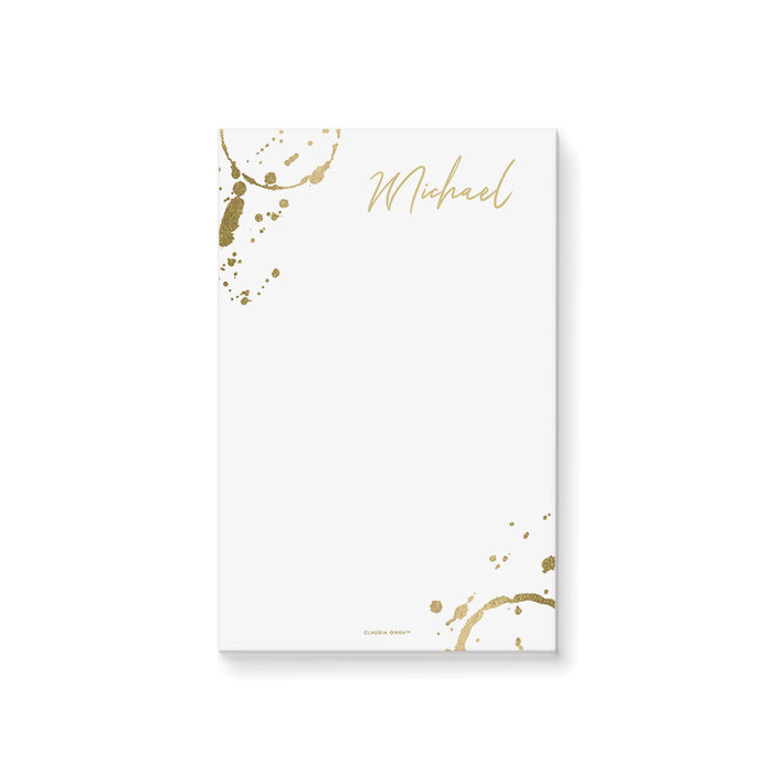 Personalized white wine notepad with gold wine glass ring accents, custom name in script lettering and blank writing area
